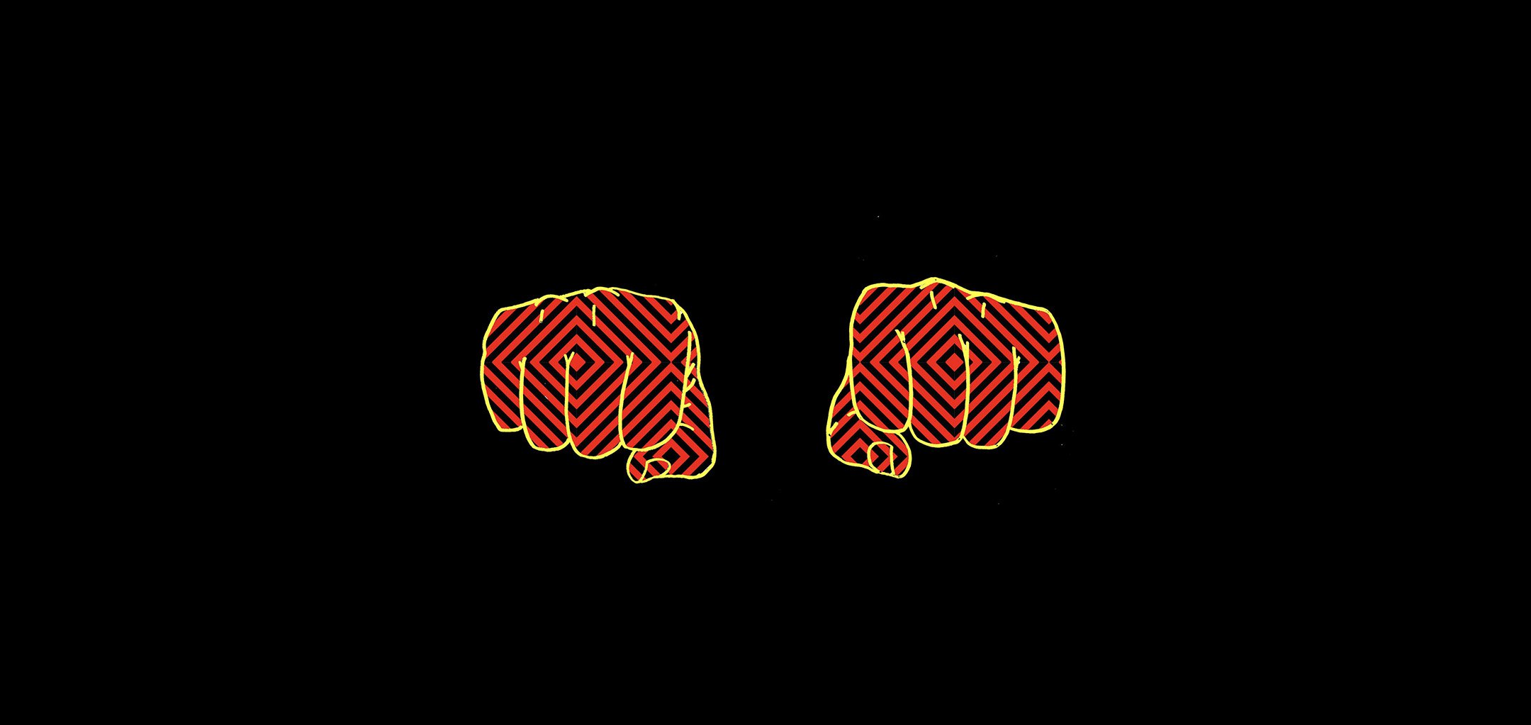 A graphic image of two fists on a black background by Reko Rennie