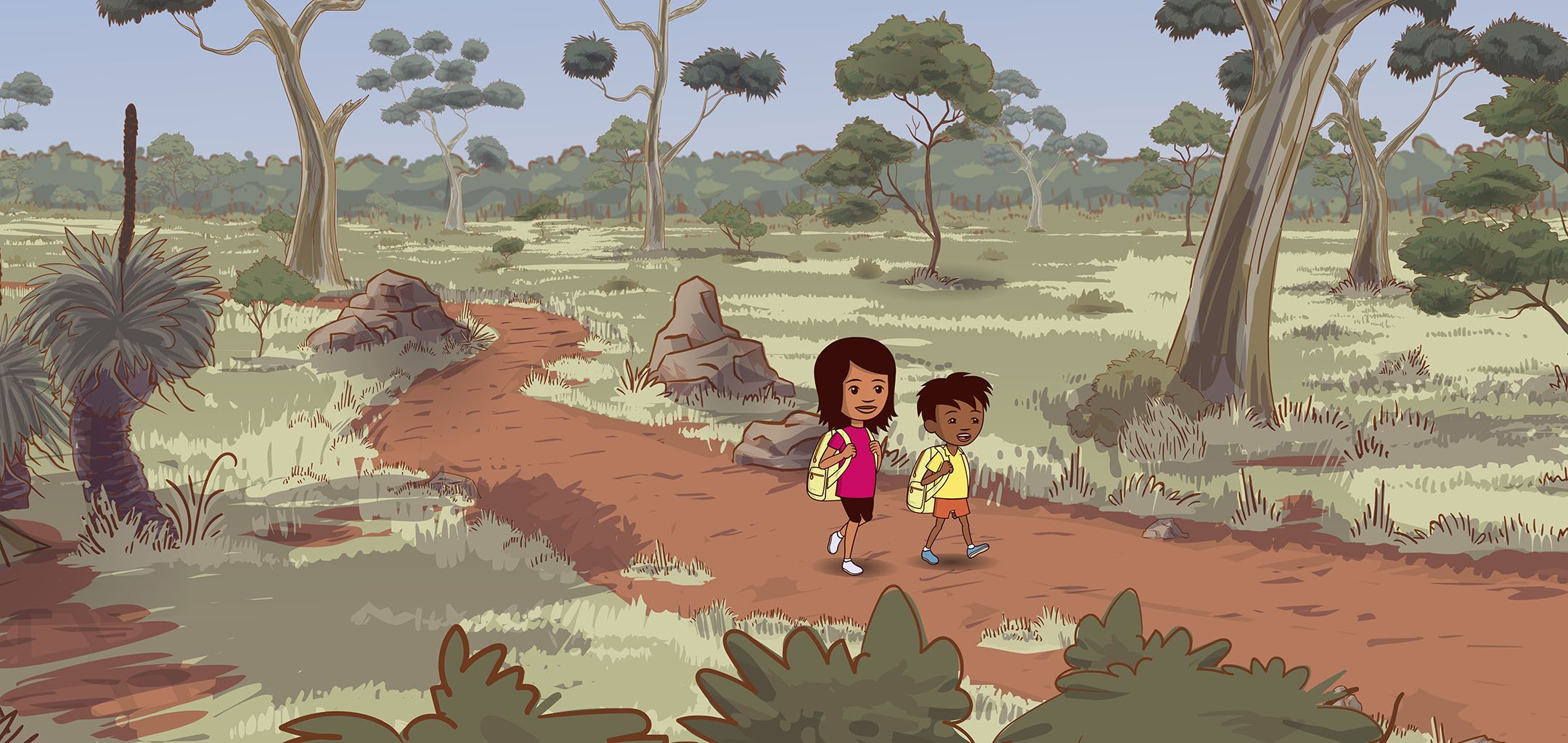 Little J and Big Cuz walking along a winding bush trail