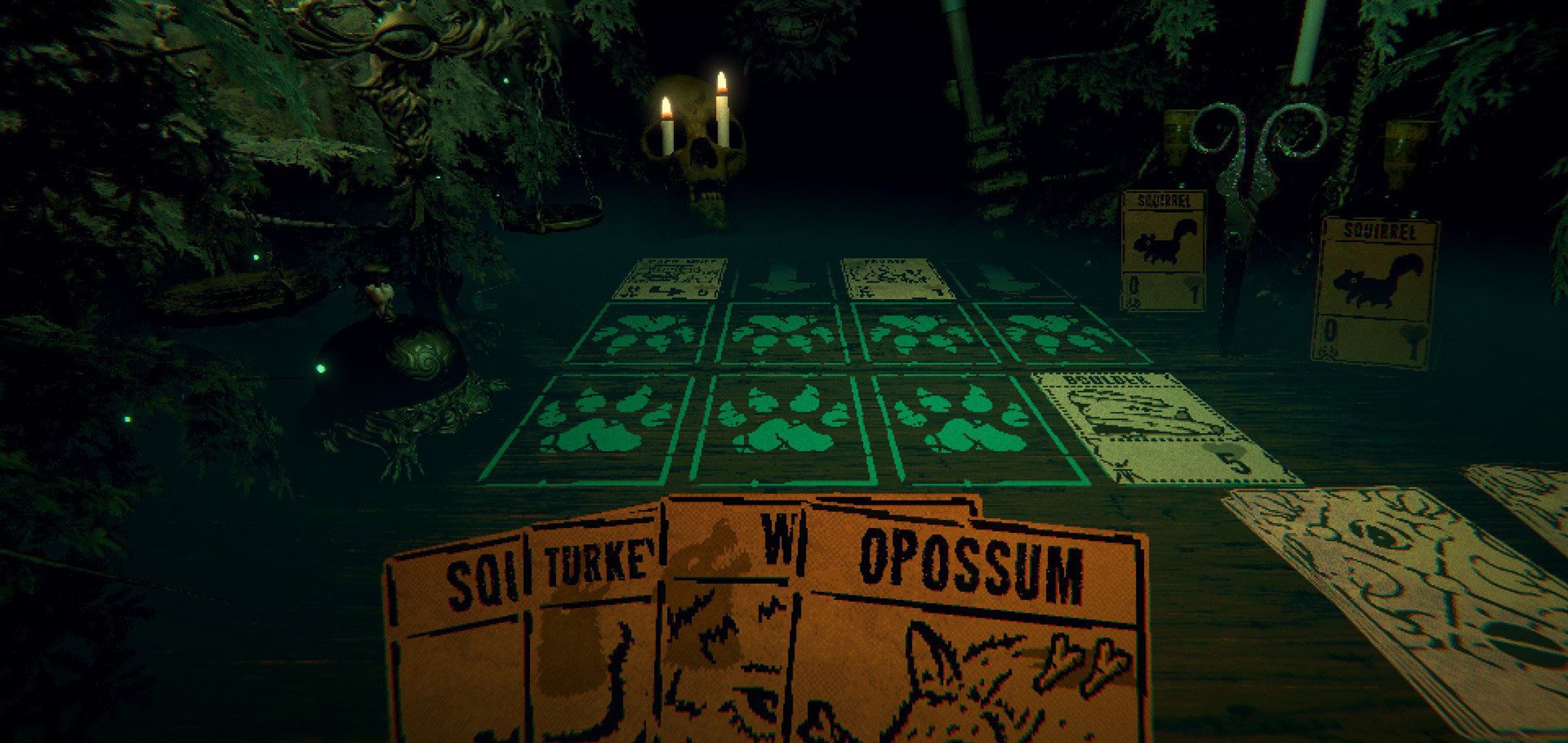 A still from the videogame Inscryption. It depicts a spooky looking card game laid out on a table opposite an ominous opponent.