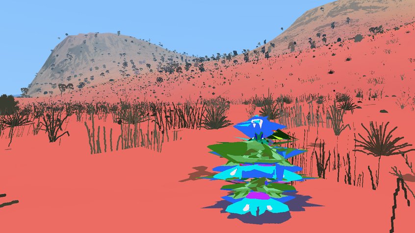 Red desert and blue spiky character - Still from Red Desert Render, Ian MacLarty, 2019