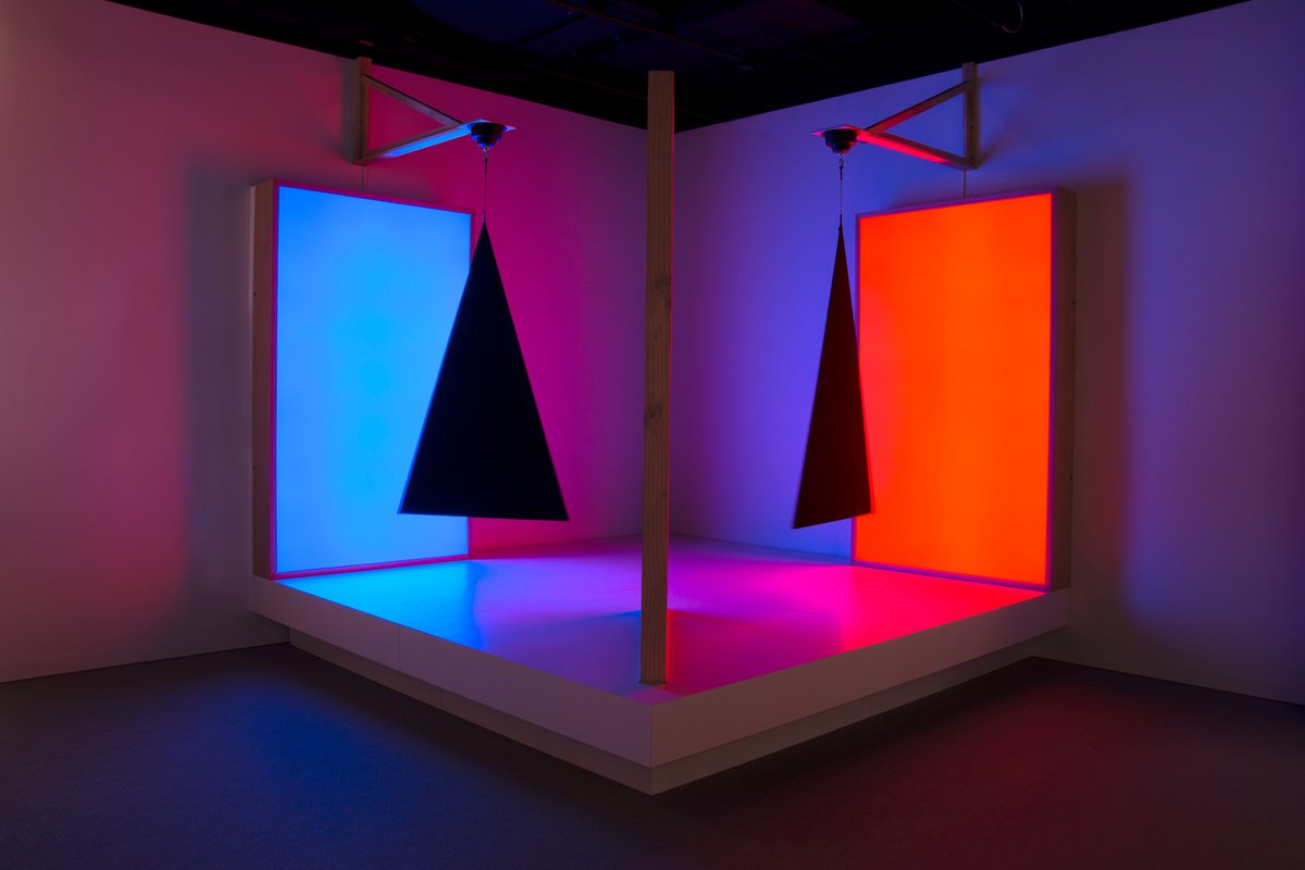 Pepper's ghost effect, triangles, cyan and red ACMI Your museum of